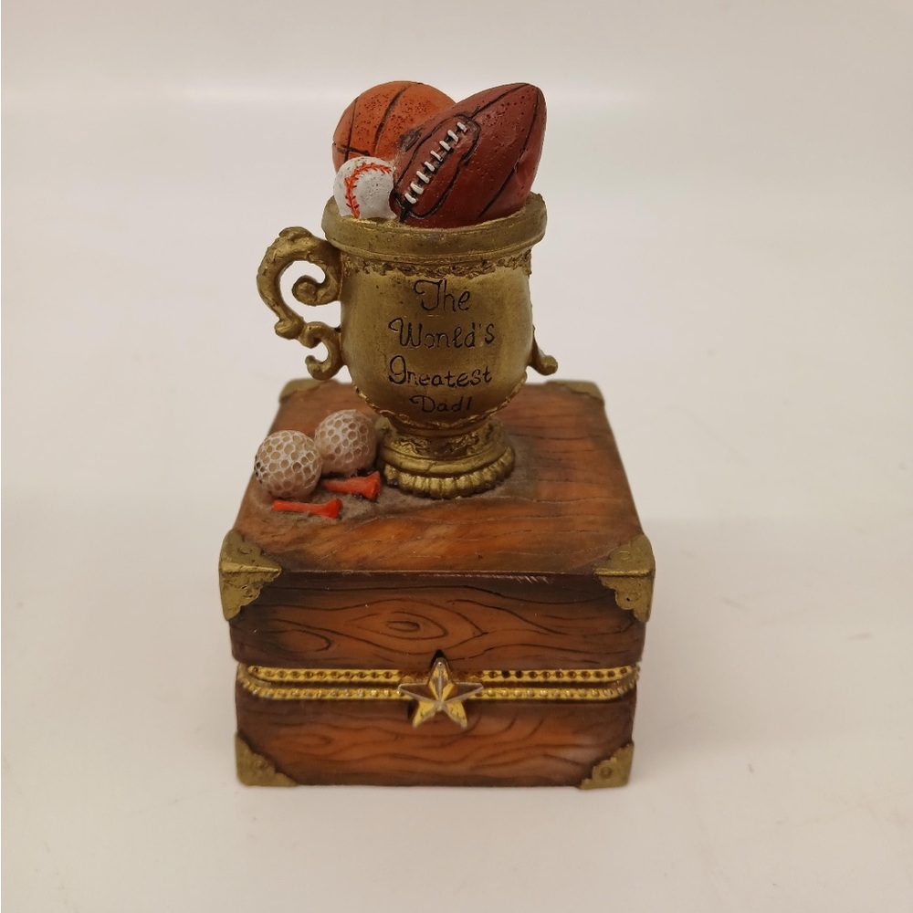 Vintage Gold Trophy Trinket Box with Sports Theme
